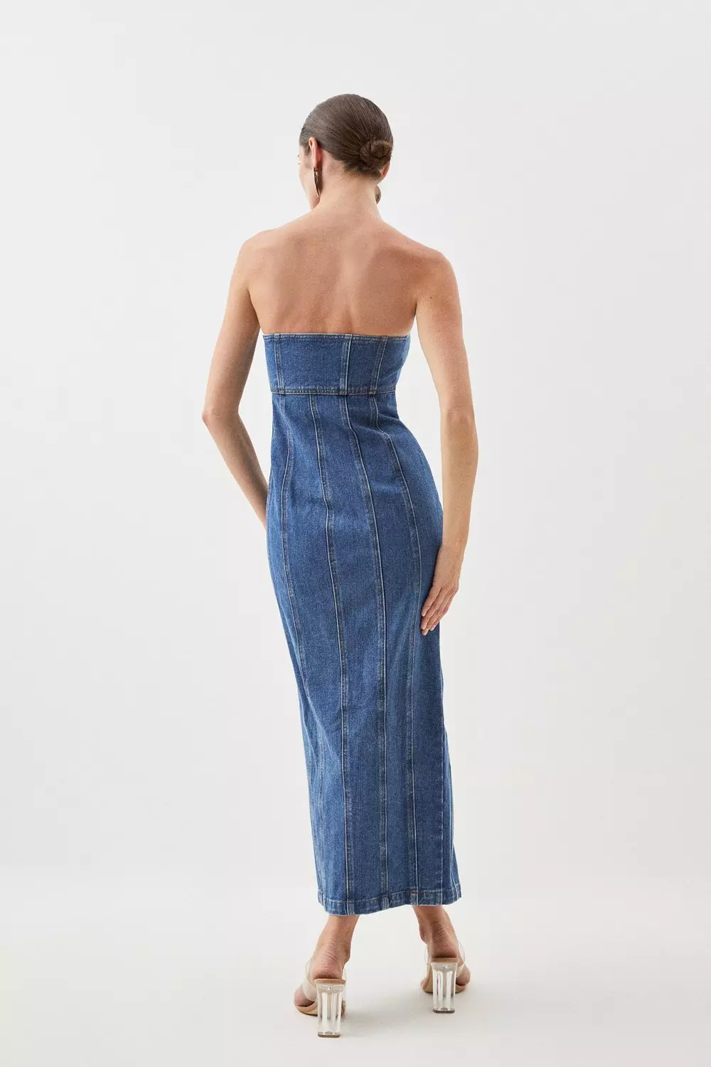 Denim Bandeau Button Midi Dress | Karen Millen